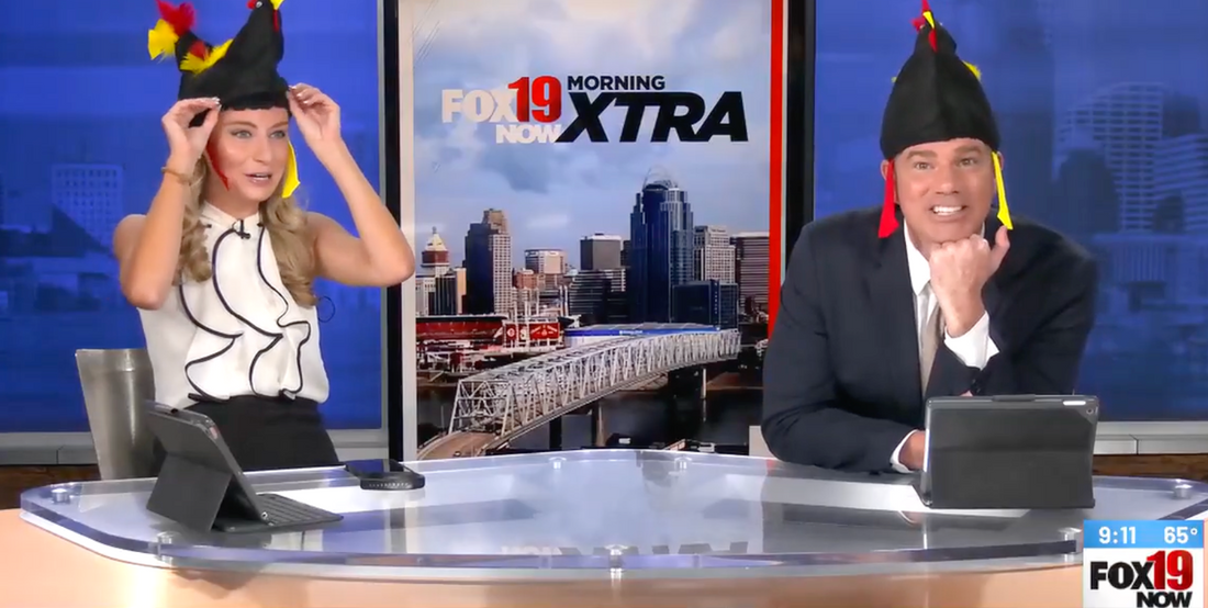 Cincinnati's Fox 19 news anchors wearing the chicken hats